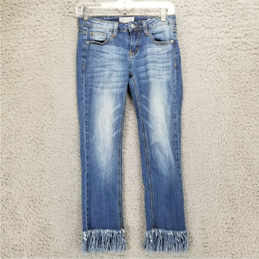 Judy Blue Jeans Womens 25 Medium Wash Stretch Low Rise Fringe Hem Cropped Fit